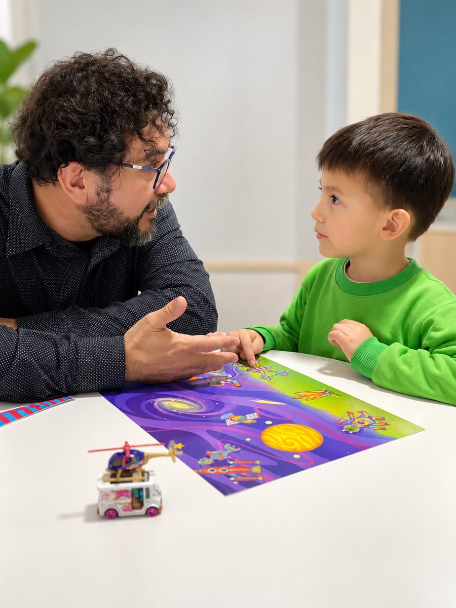 El Dr. Hugo Segura conversando con un niño en la consulta