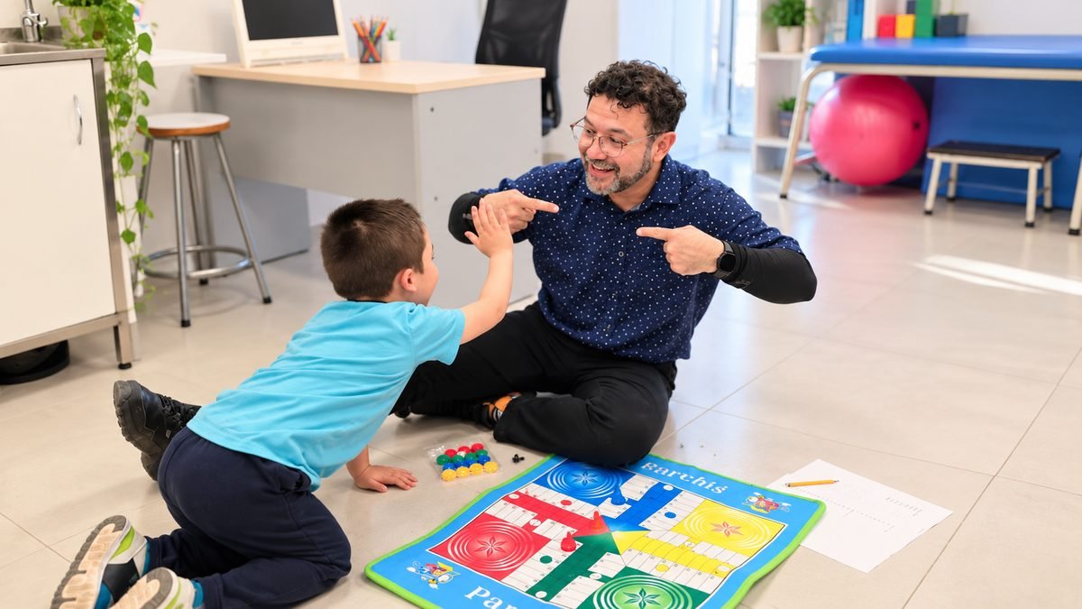El Dr. Hugo Segura jugando con un niño en sesión