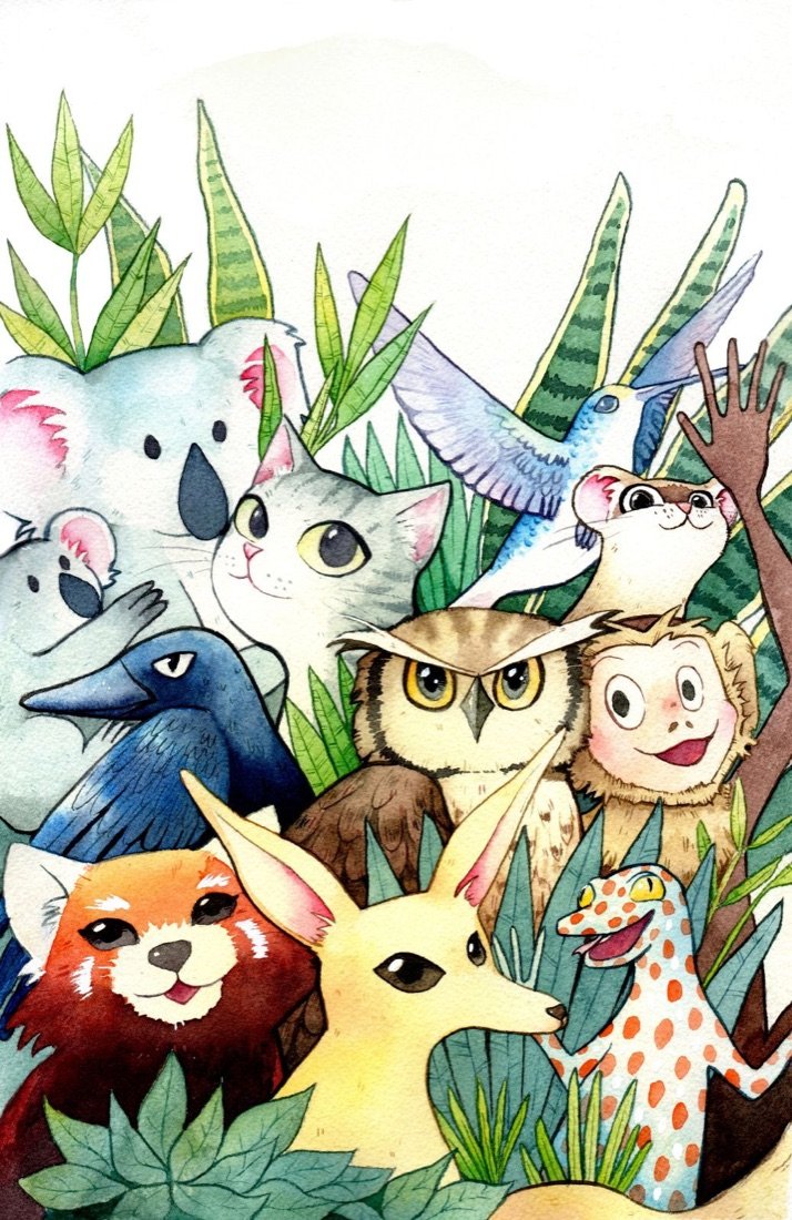 Ilustración grupal en acuarela con los personajes del programa narrativo entre hojas