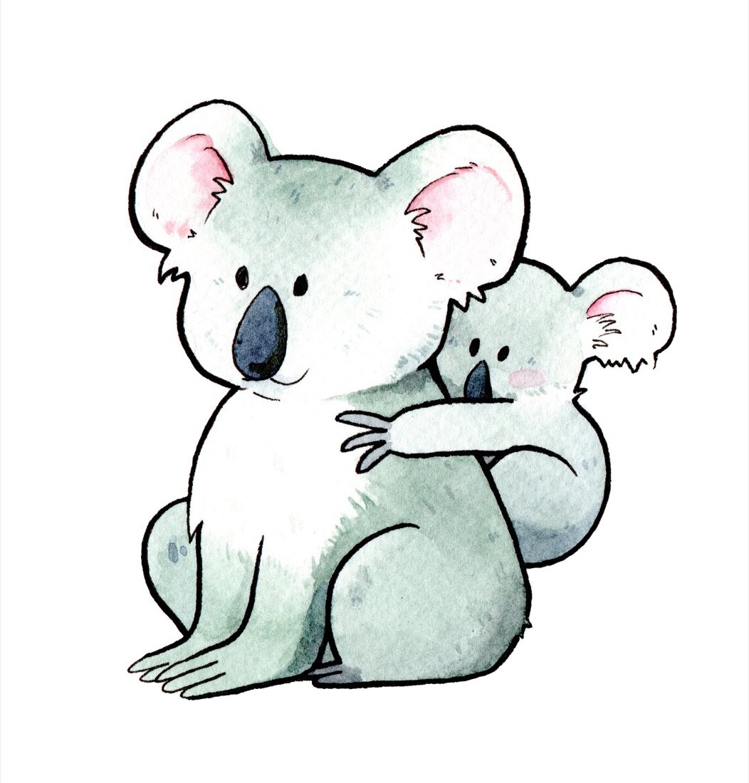 Ilustración en acuarela de un koala con su cría, personaje del programa narrativo